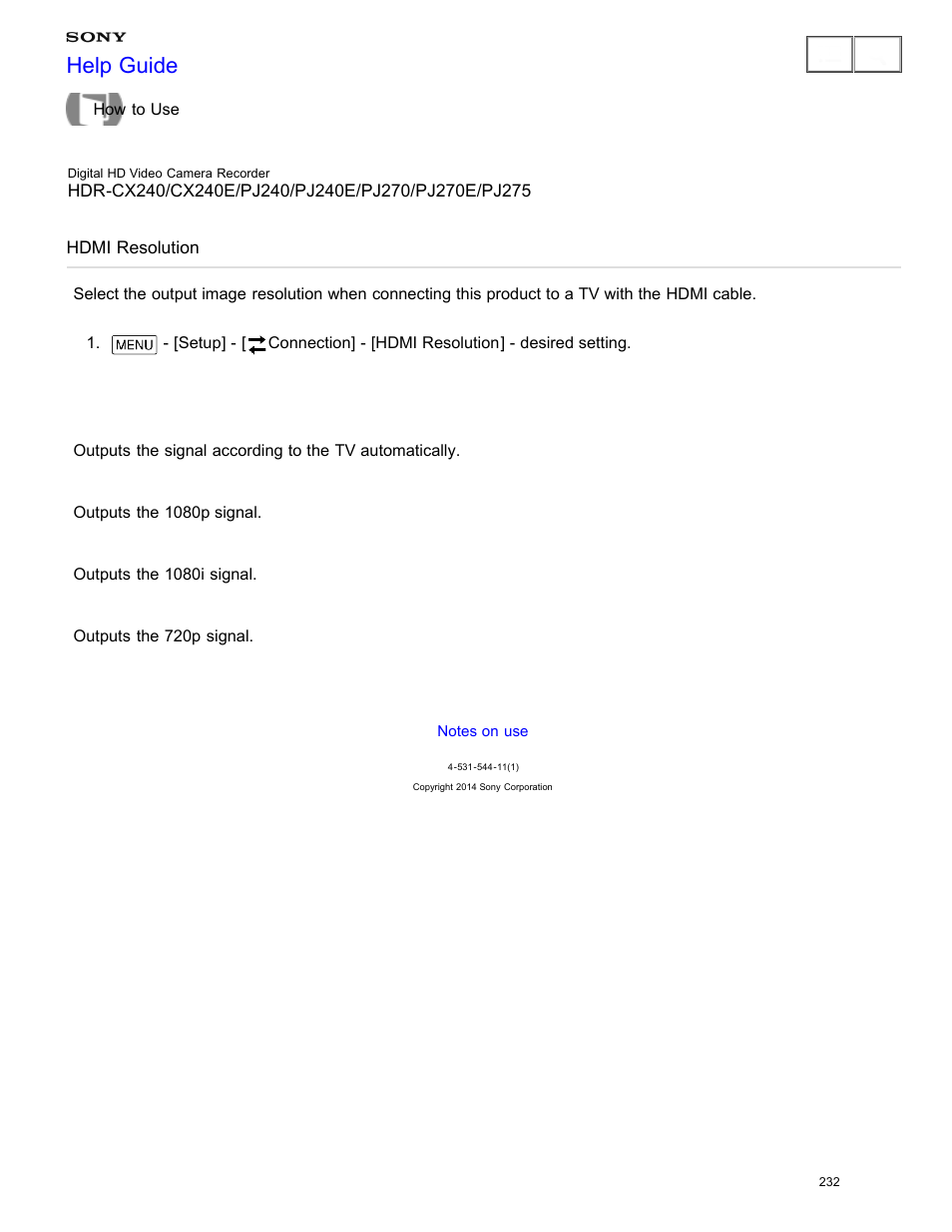 Hdmi resolution, Help guide | Sony HDR-CX240 User Manual | Page 242 / 351