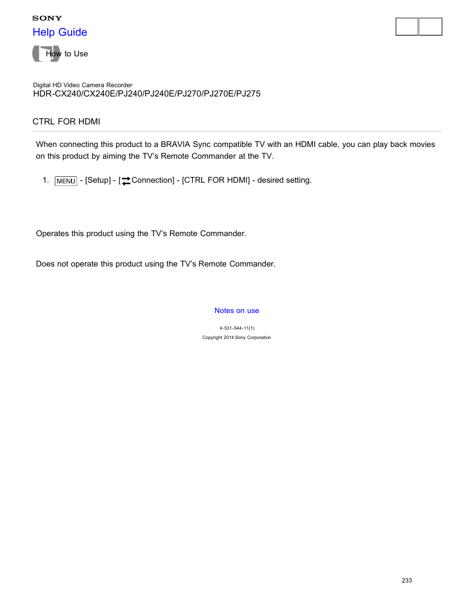 Ctrl for hdmi, Help guide | Sony HDR-CX240 User Manual | Page 243 / 351