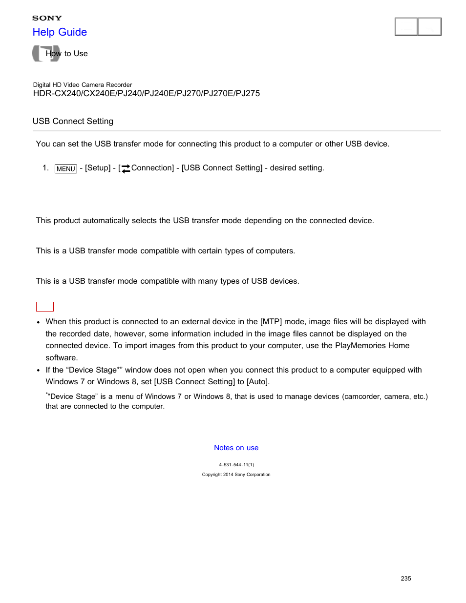 Usb connect setting, Help guide | Sony HDR-CX240 User Manual | Page 245 / 351
