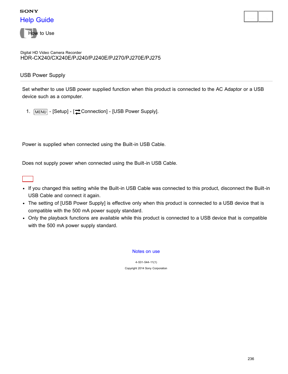 Usb power supply, Help guide | Sony HDR-CX240 User Manual | Page 246 / 351