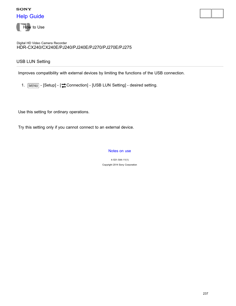 Usb lun setting, Help guide | Sony HDR-CX240 User Manual | Page 247 / 351