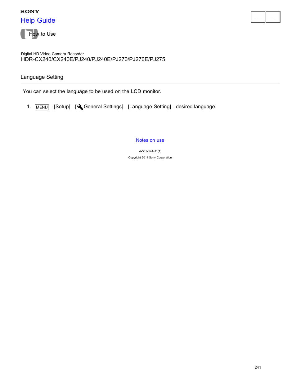 Language setting, Help guide | Sony HDR-CX240 User Manual | Page 251 / 351