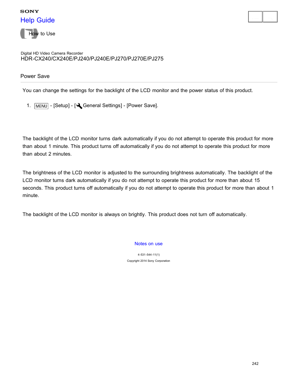 Power save, Help guide | Sony HDR-CX240 User Manual | Page 252 / 351