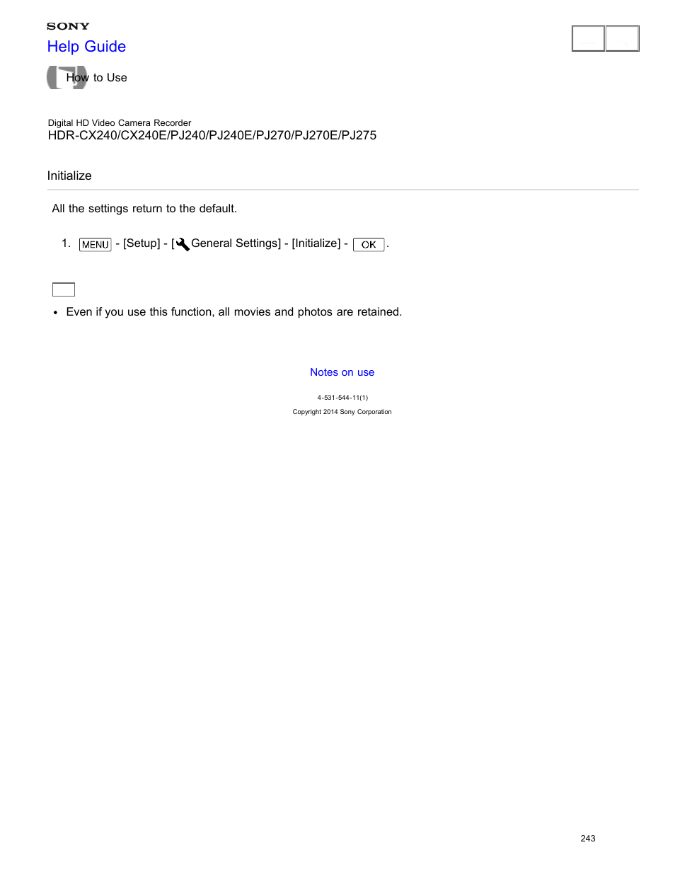 Initialize, All the settings return to the default, Help guide | Sony HDR-CX240 User Manual | Page 253 / 351
