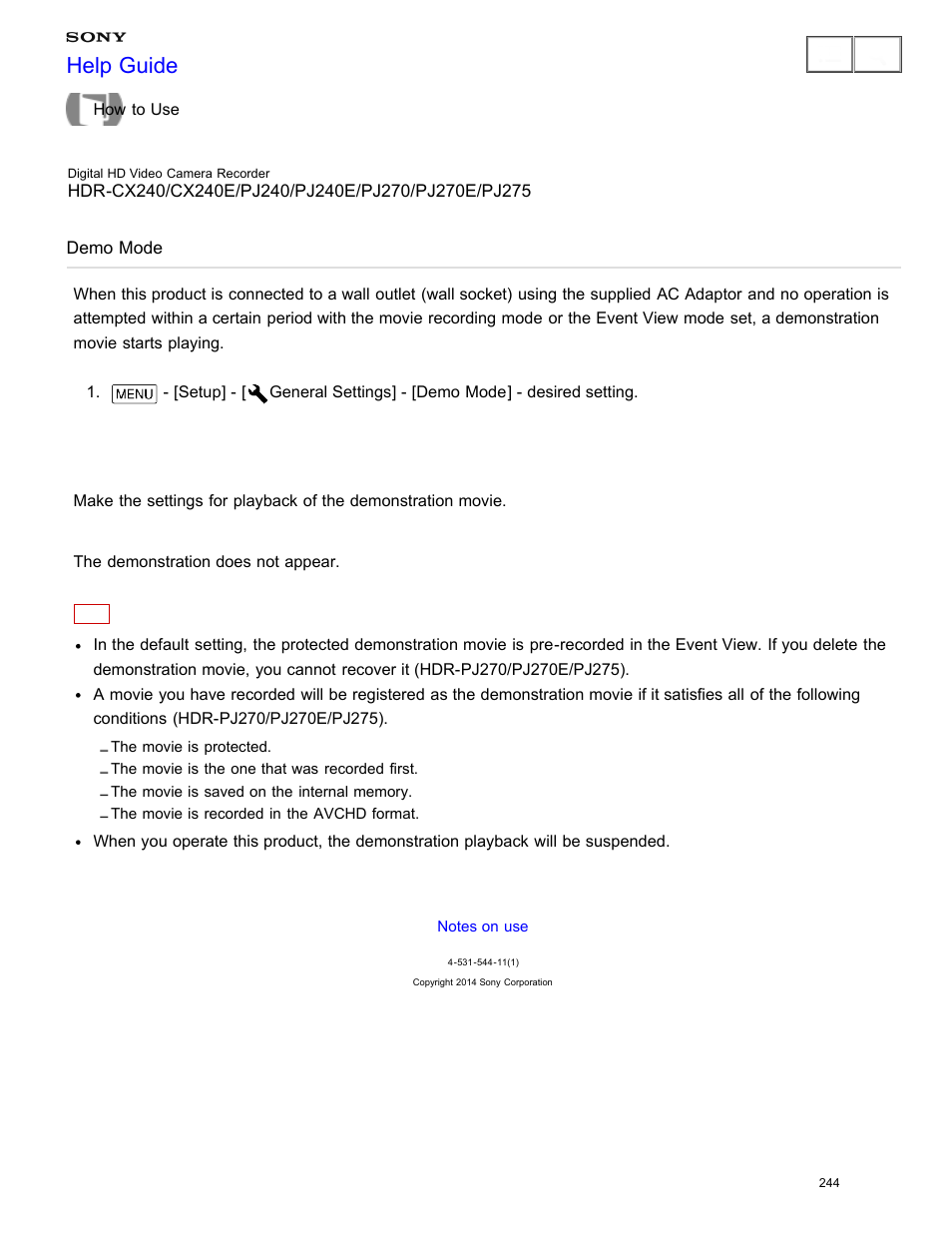 Demo mode, Set playback of the demonstration movie, Help guide | Sony HDR-CX240 User Manual | Page 254 / 351