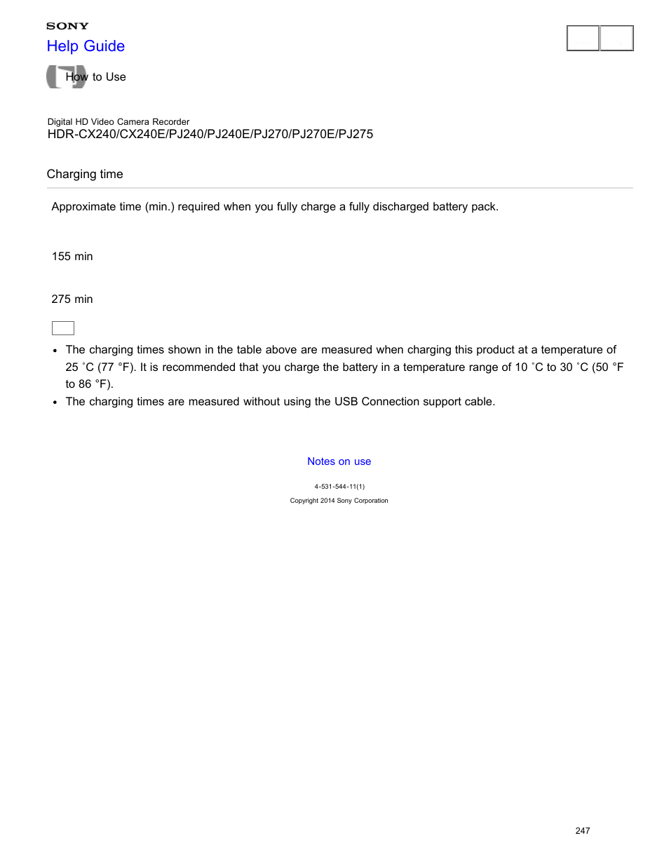 Charging time, Help guide | Sony HDR-CX240 User Manual | Page 257 / 351