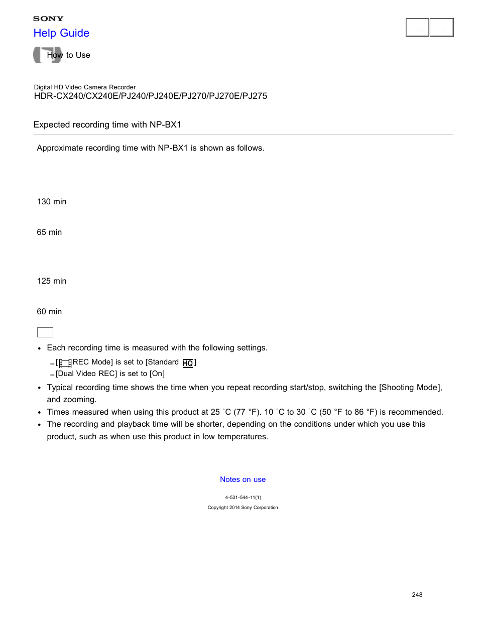 Expected recording time with np-bx1, Help guide | Sony HDR-CX240 User Manual | Page 258 / 351