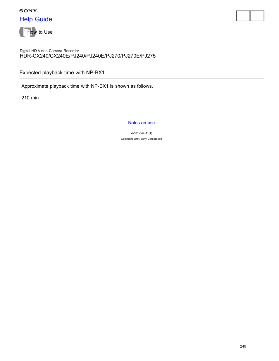 Expected playback time with np-bx1, Help guide | Sony HDR-CX240 User Manual | Page 259 / 351