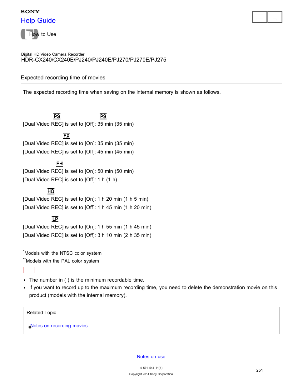 Expected recording time of movies, Help guide | Sony HDR-CX240 User Manual | Page 261 / 351