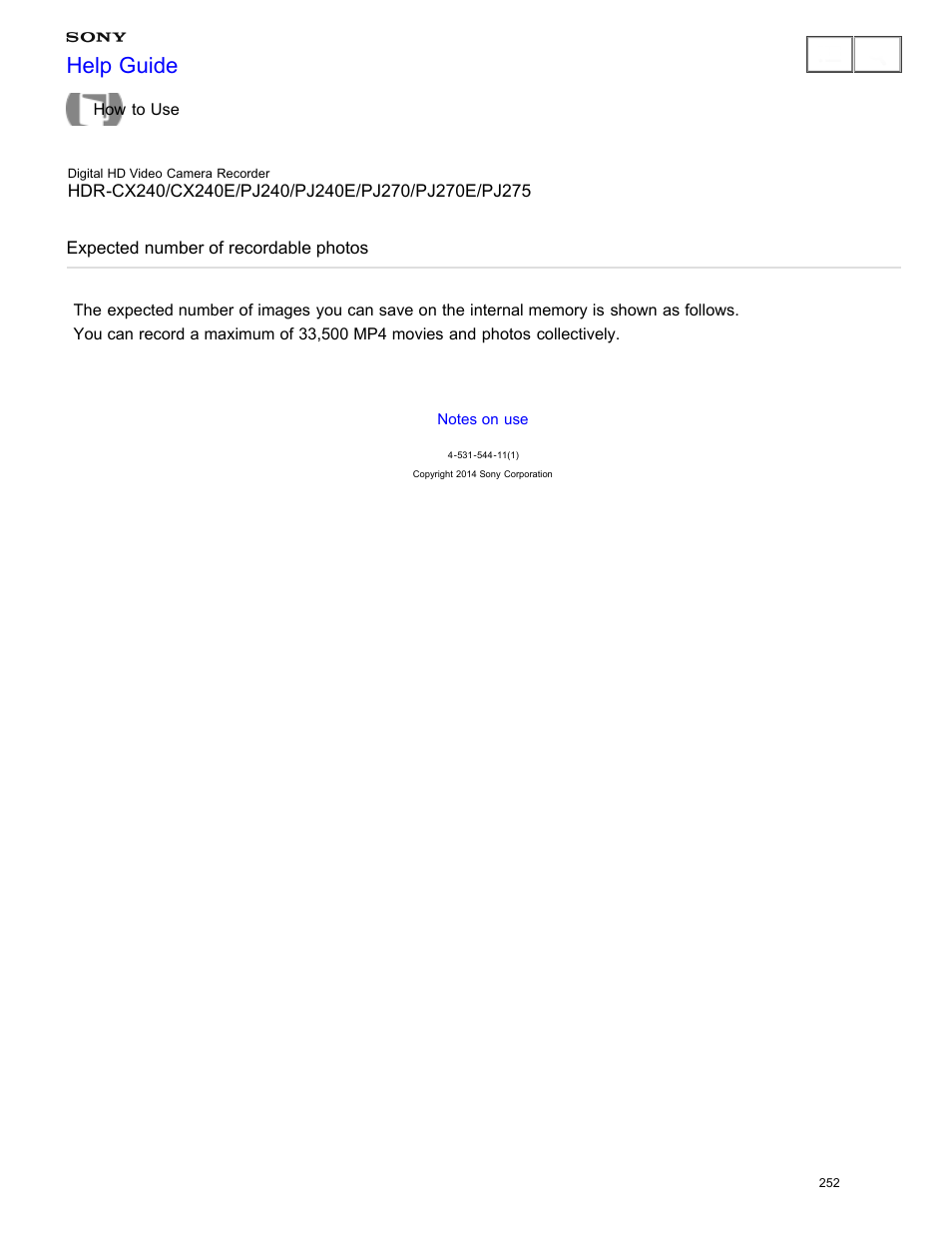 Expected number of recordable photos, Help guide | Sony HDR-CX240 User Manual | Page 262 / 351