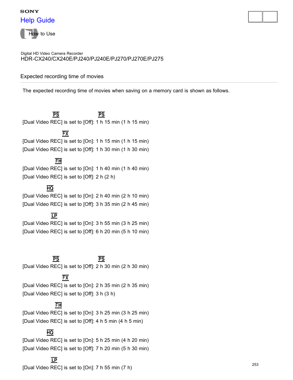 Expected recording time of movies, Help guide | Sony HDR-CX240 User Manual | Page 263 / 351