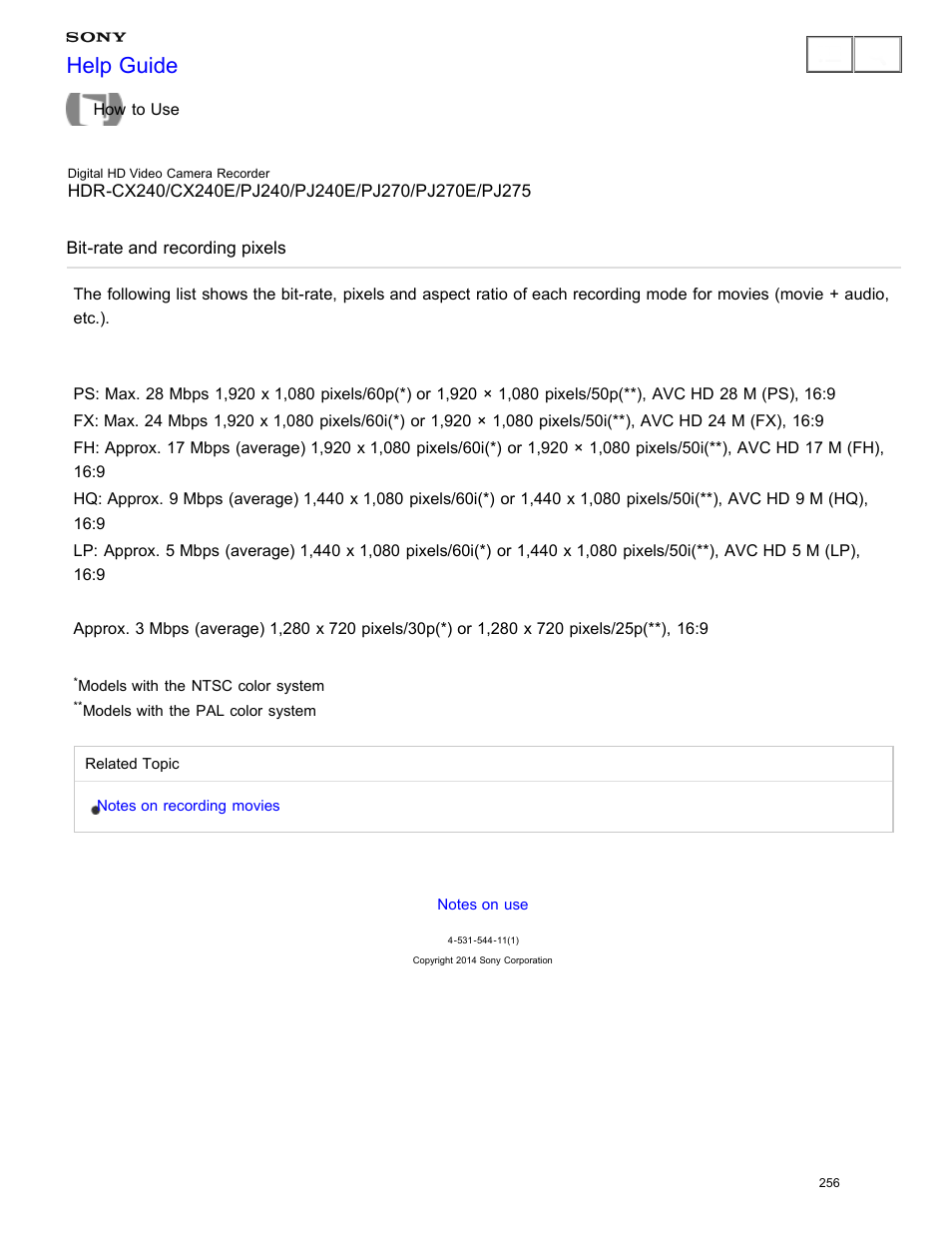 Bit-rate and recording pixels, Help guide | Sony HDR-CX240 User Manual | Page 266 / 351