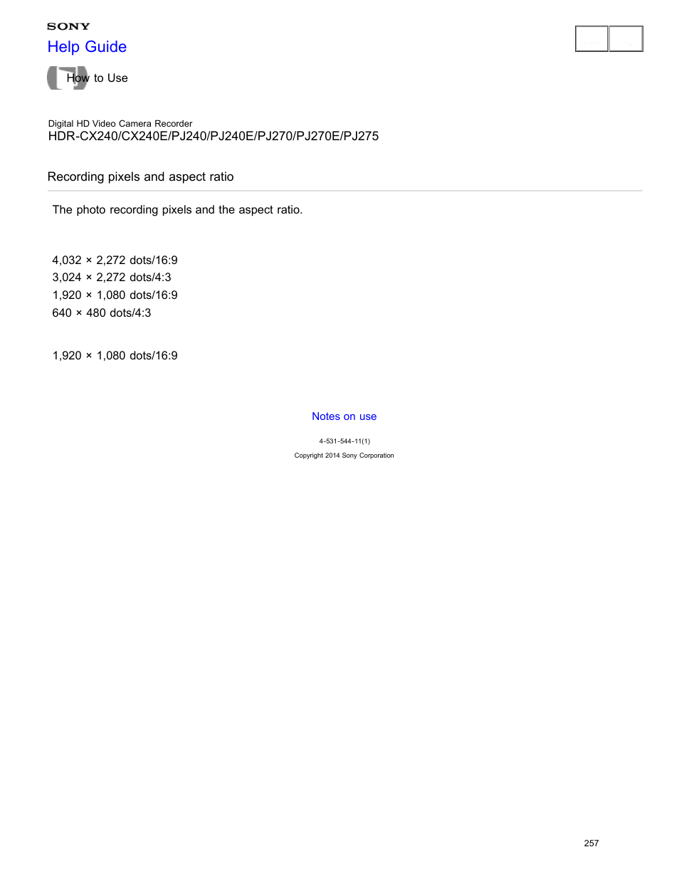 Recording pixels and aspect ratio, Help guide | Sony HDR-CX240 User Manual | Page 267 / 351