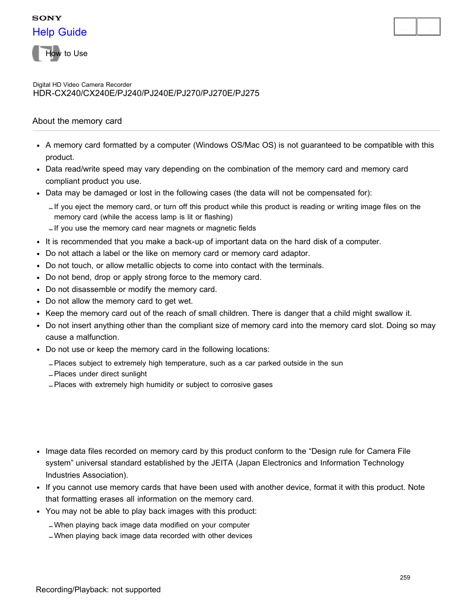 About the memory card, Read the precautions regarding memory cards, Help guide | Sony HDR-CX240 User Manual | Page 269 / 351