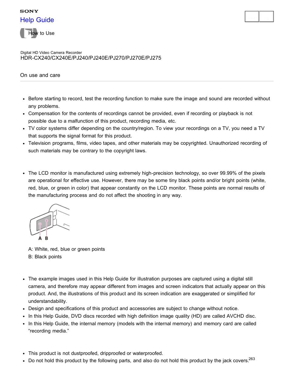 On use and care, Read the precautions, etc for using this product, Help guide | Sony HDR-CX240 User Manual | Page 273 / 351