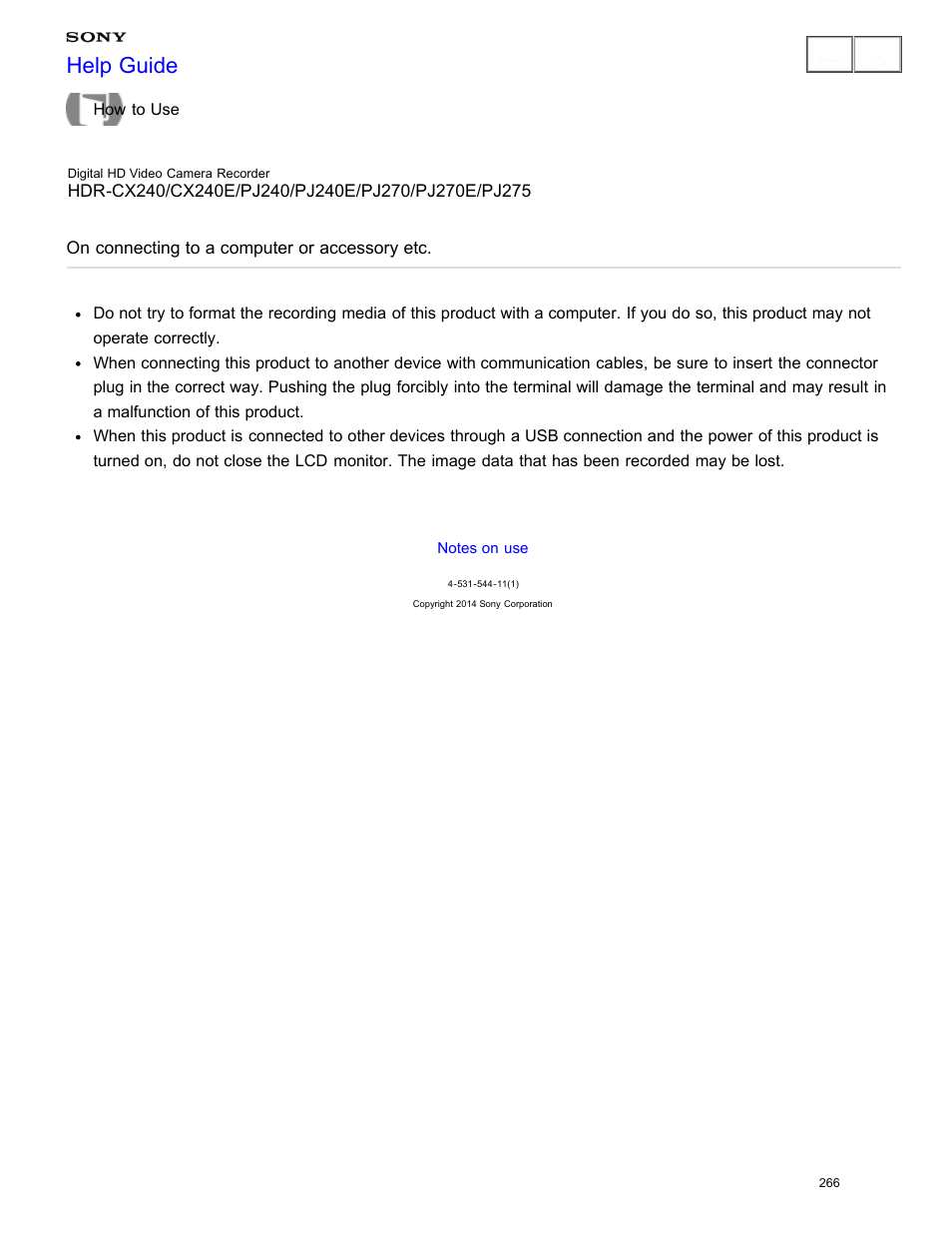 On connecting to a computer or accessory etc, Help guide | Sony HDR-CX240 User Manual | Page 276 / 351