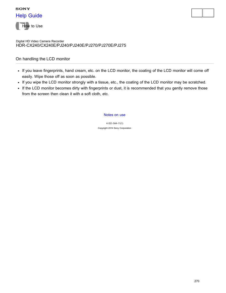 On handling the lcd monitor, Read the information on care of the lcd monitor, Help guide | Sony HDR-CX240 User Manual | Page 280 / 351