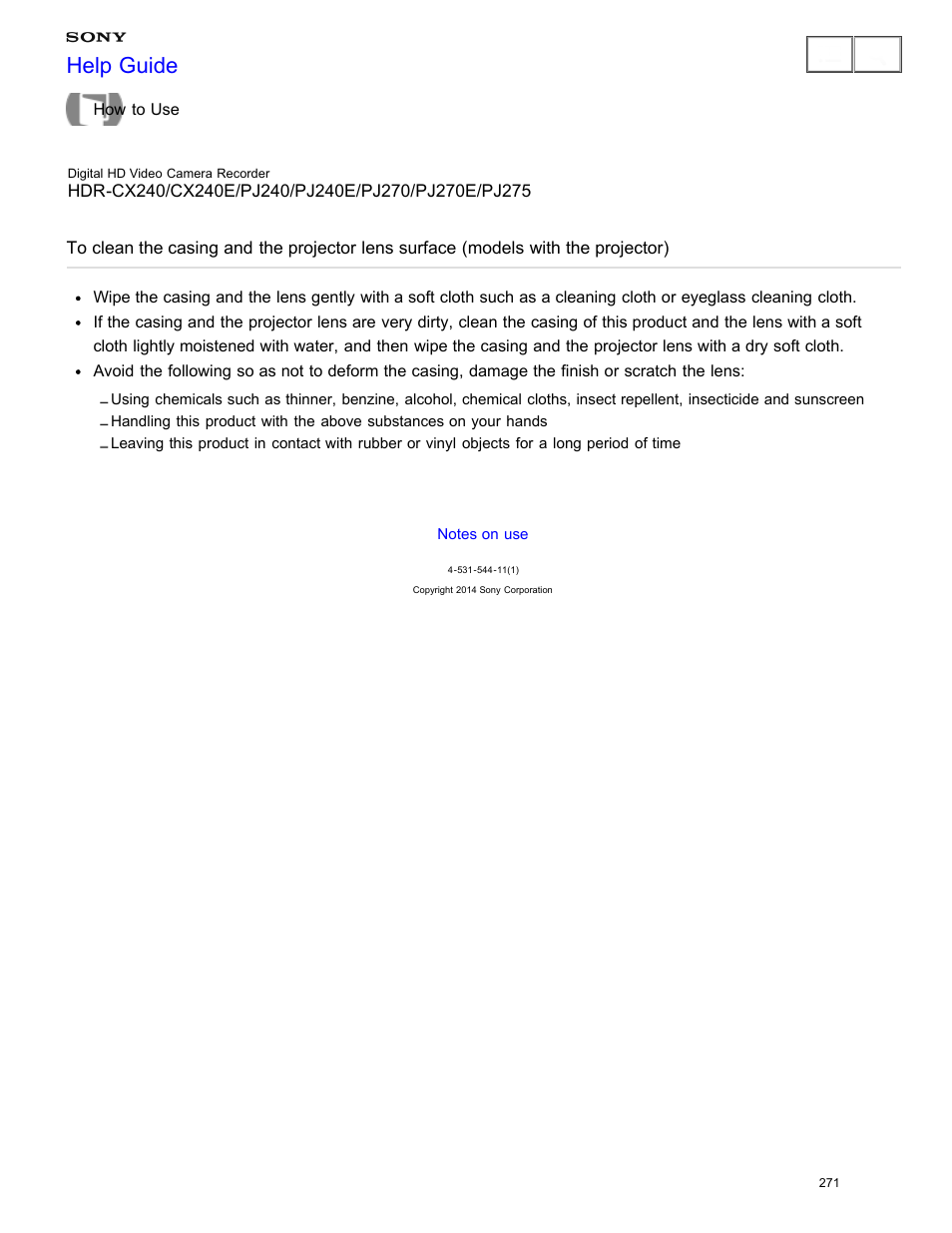 To clean the casing and the projector lens surface, Help guide | Sony HDR-CX240 User Manual | Page 281 / 351