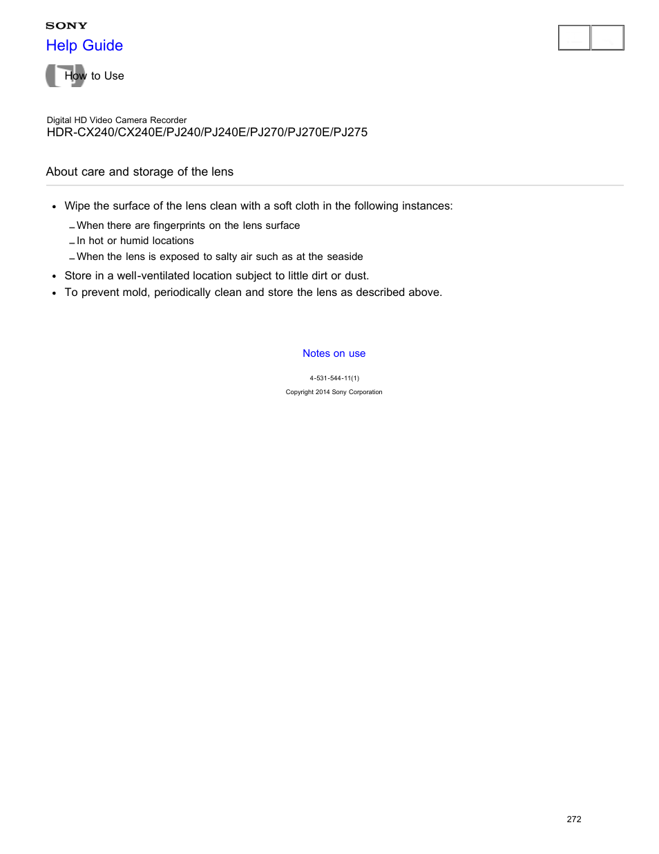 About care and storage of the lens, Help guide | Sony HDR-CX240 User Manual | Page 282 / 351