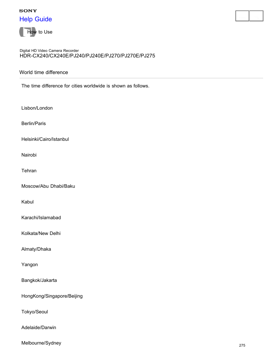 World time difference, Check the time difference for cities worldwide, Help guide | Sony HDR-CX240 User Manual | Page 285 / 351