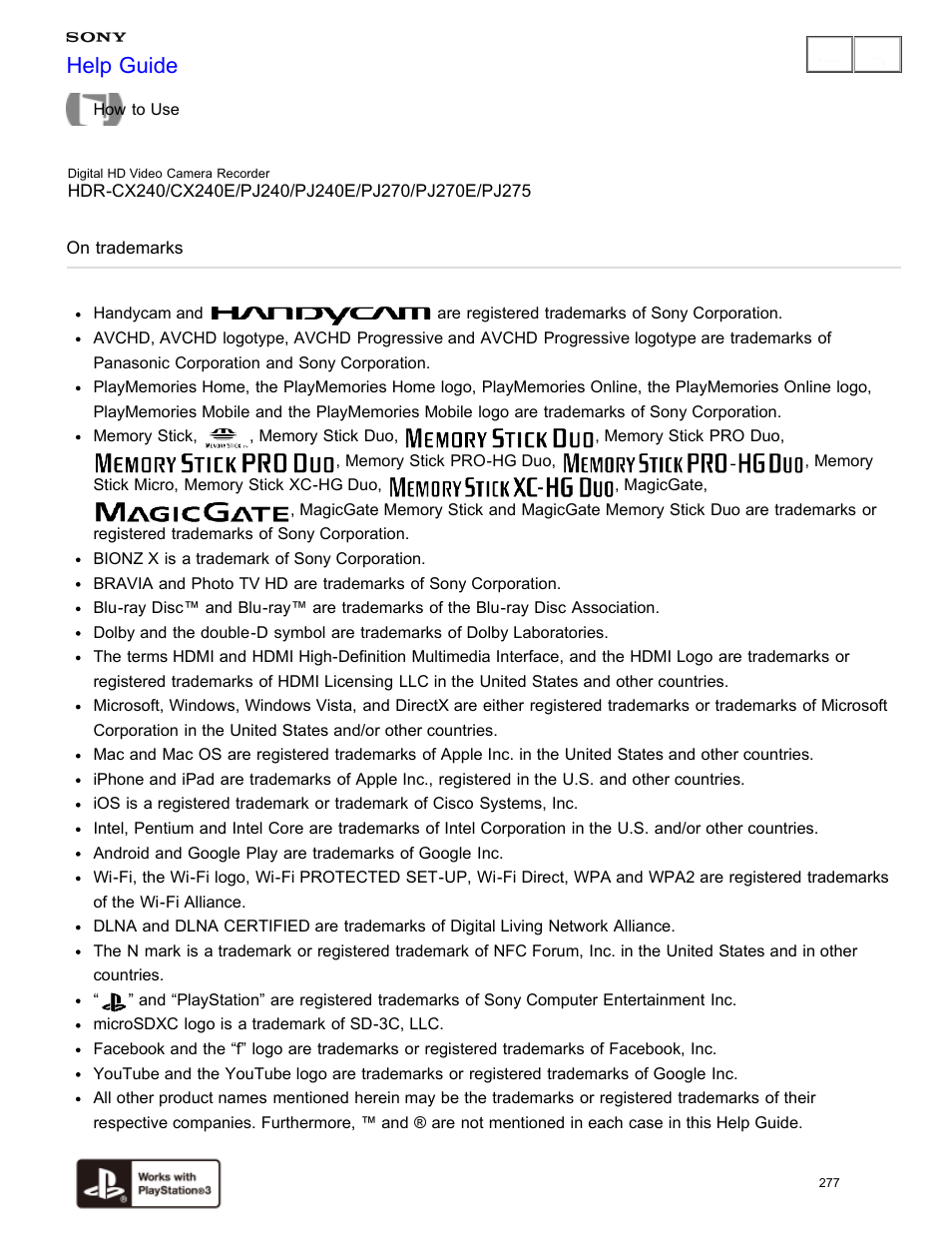 On trademarks, Read the information on trademarks, Help guide | Sony HDR-CX240 User Manual | Page 287 / 351
