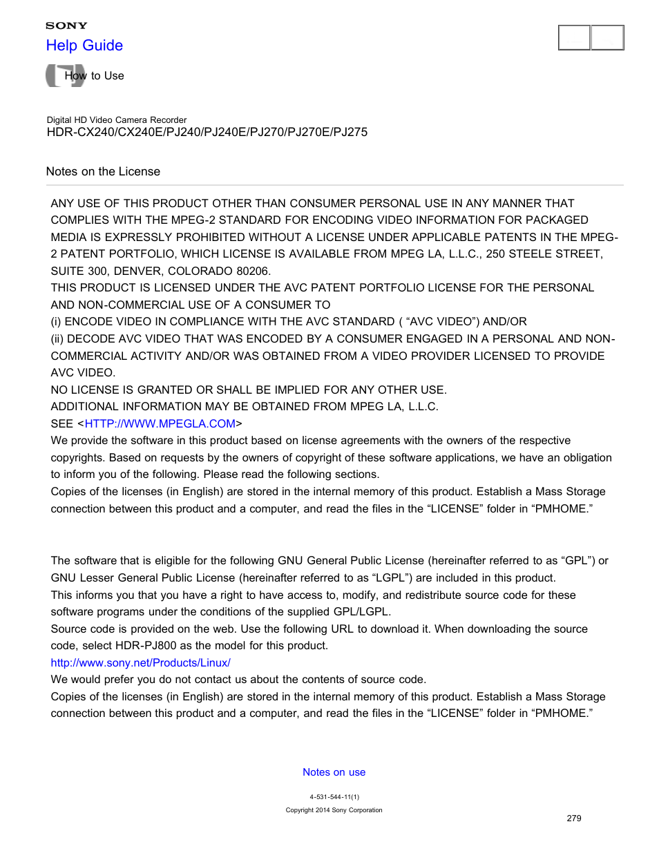 Notes on the license, Read the notes on the license, Help guide | On gnu gpl/lgpl applied software | Sony HDR-CX240 User Manual | Page 289 / 351