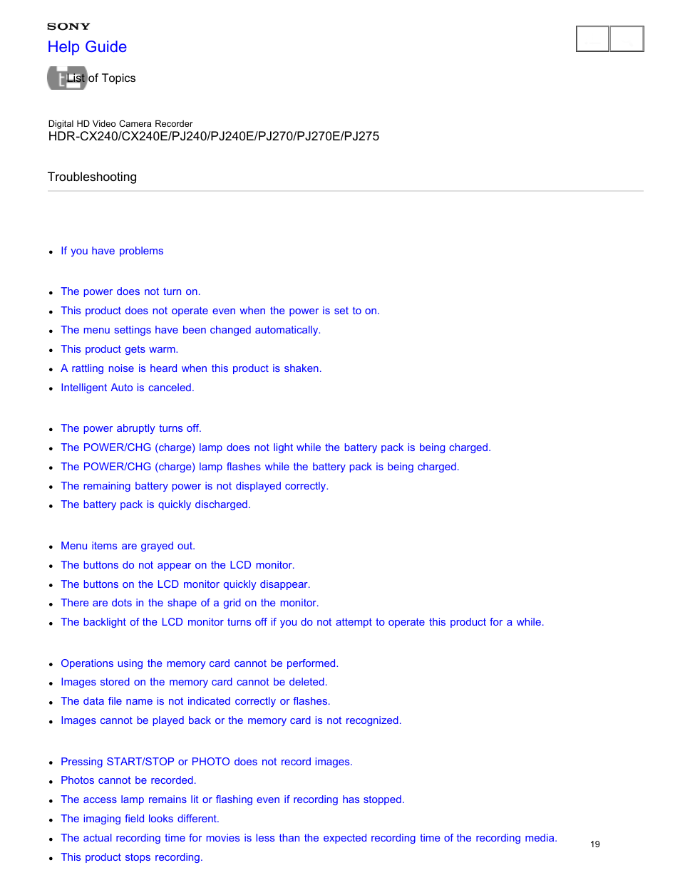 Troubleshooting, Help guide | Sony HDR-CX240 User Manual | Page 29 / 351