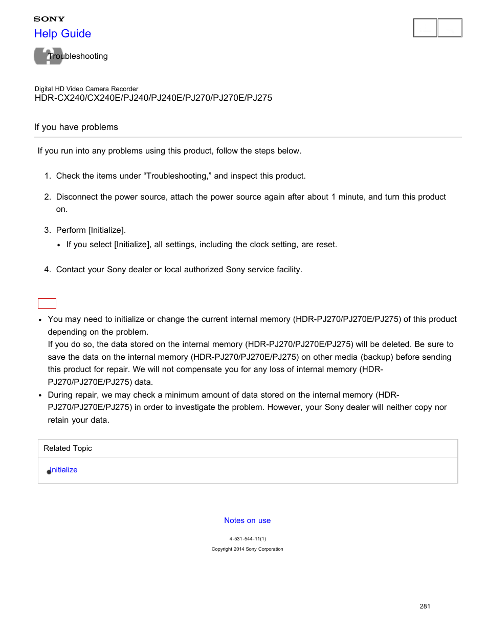 If you have problems, Help guide | Sony HDR-CX240 User Manual | Page 291 / 351