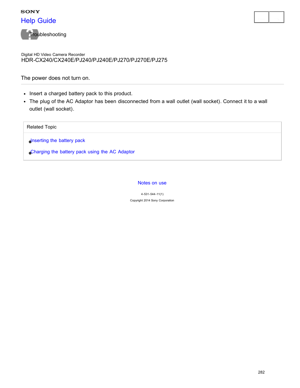 The power does not turn on, Help guide | Sony HDR-CX240 User Manual | Page 292 / 351