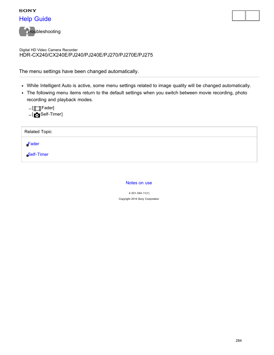 The menu settings have been changed automatically, Help guide | Sony HDR-CX240 User Manual | Page 294 / 351