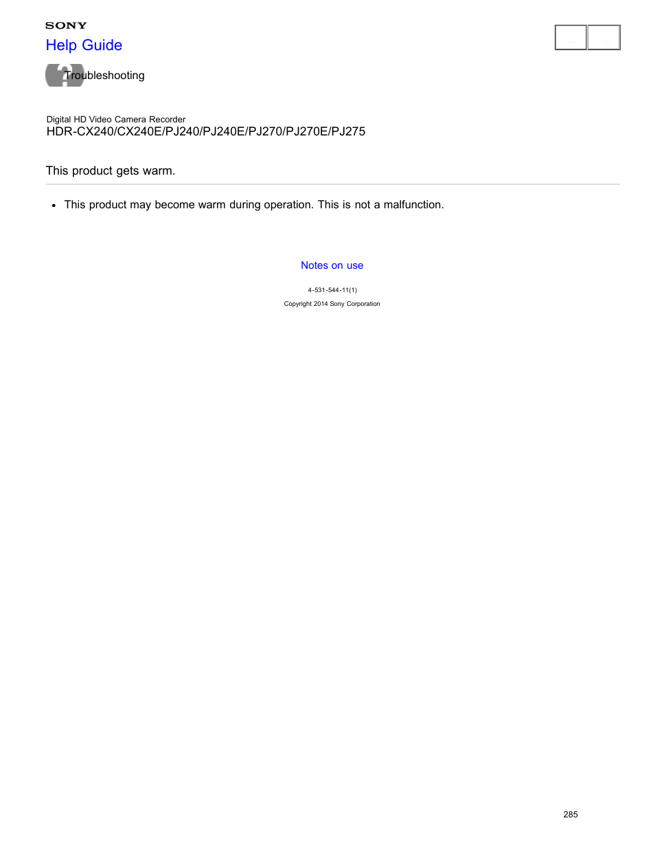 This product gets warm, Help guide | Sony HDR-CX240 User Manual | Page 295 / 351