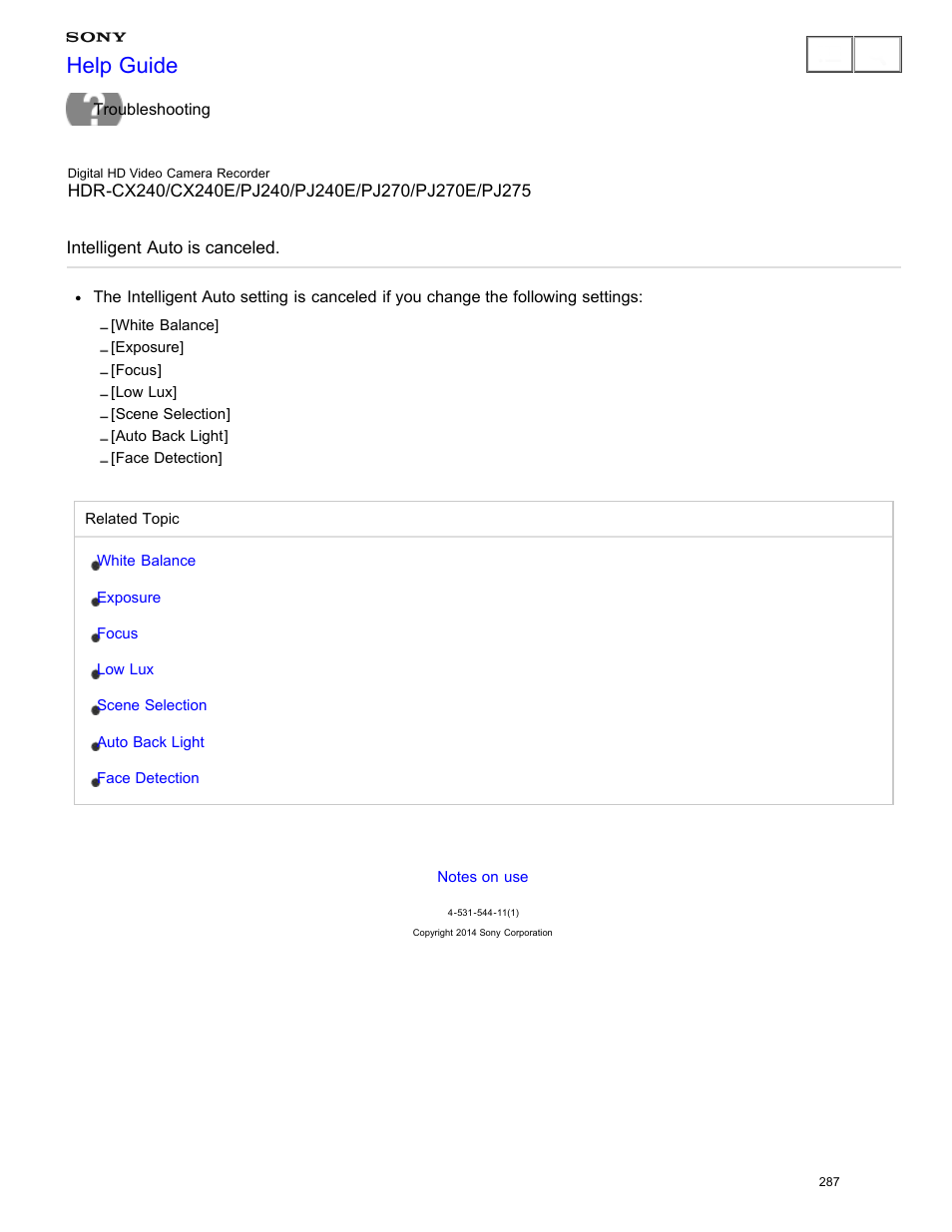 Intelligent auto is canceled, Help guide | Sony HDR-CX240 User Manual | Page 297 / 351