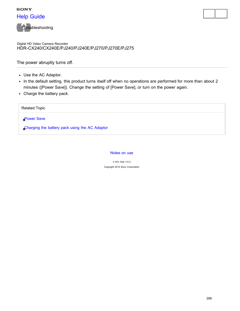 The power abruptly turns off, Help guide | Sony HDR-CX240 User Manual | Page 298 / 351