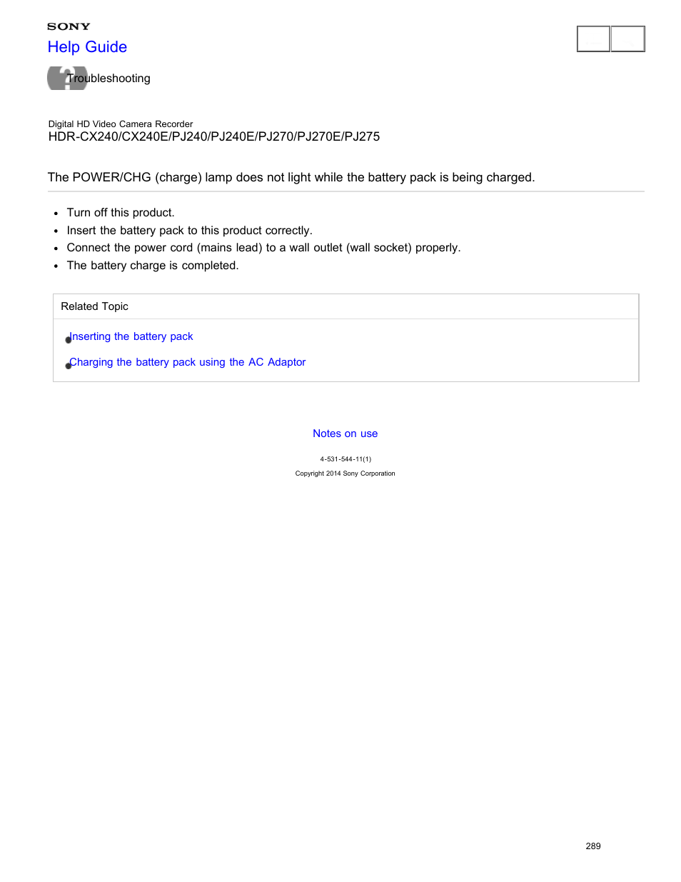 Battery pack is being charged, Help guide | Sony HDR-CX240 User Manual | Page 299 / 351