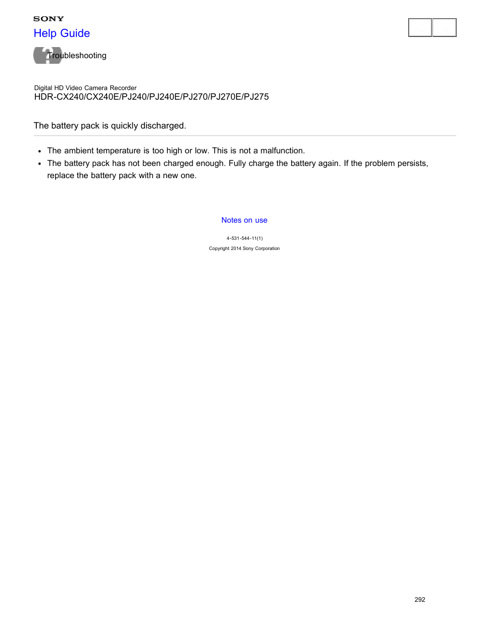 The battery pack is quickly discharged, Help guide | Sony HDR-CX240 User Manual | Page 302 / 351