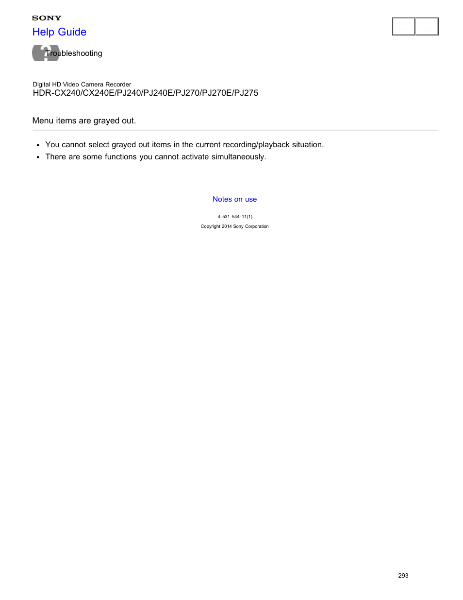 Menu items are grayed out, Help guide | Sony HDR-CX240 User Manual | Page 303 / 351