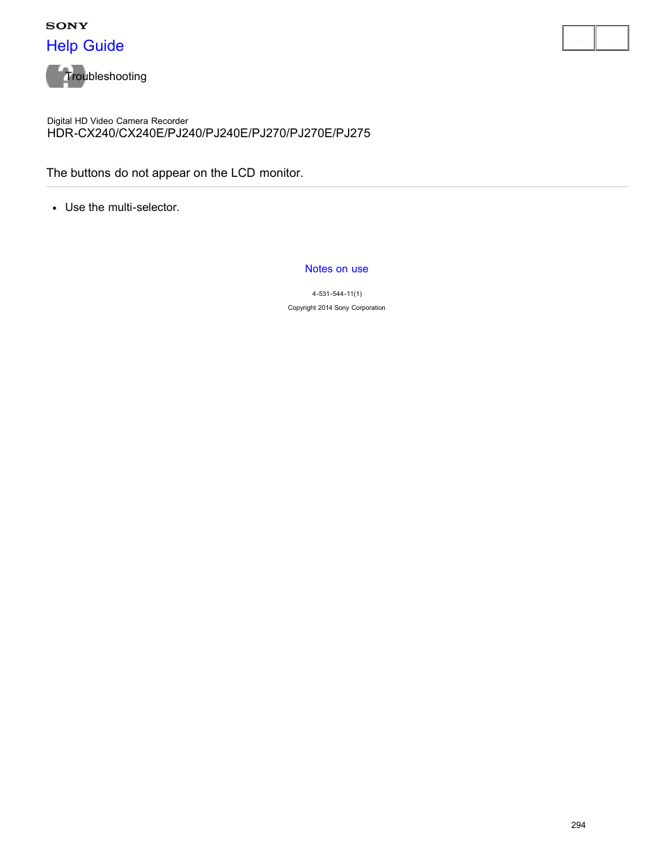 The buttons do not appear on the lcd monitor, Help guide | Sony HDR-CX240 User Manual | Page 304 / 351