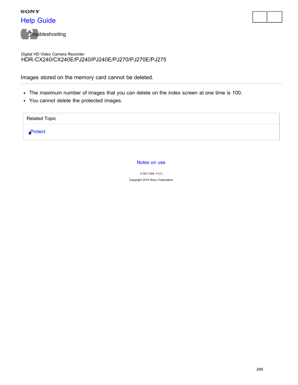Images stored on the memory card cannot be deleted, Help guide | Sony HDR-CX240 User Manual | Page 309 / 351