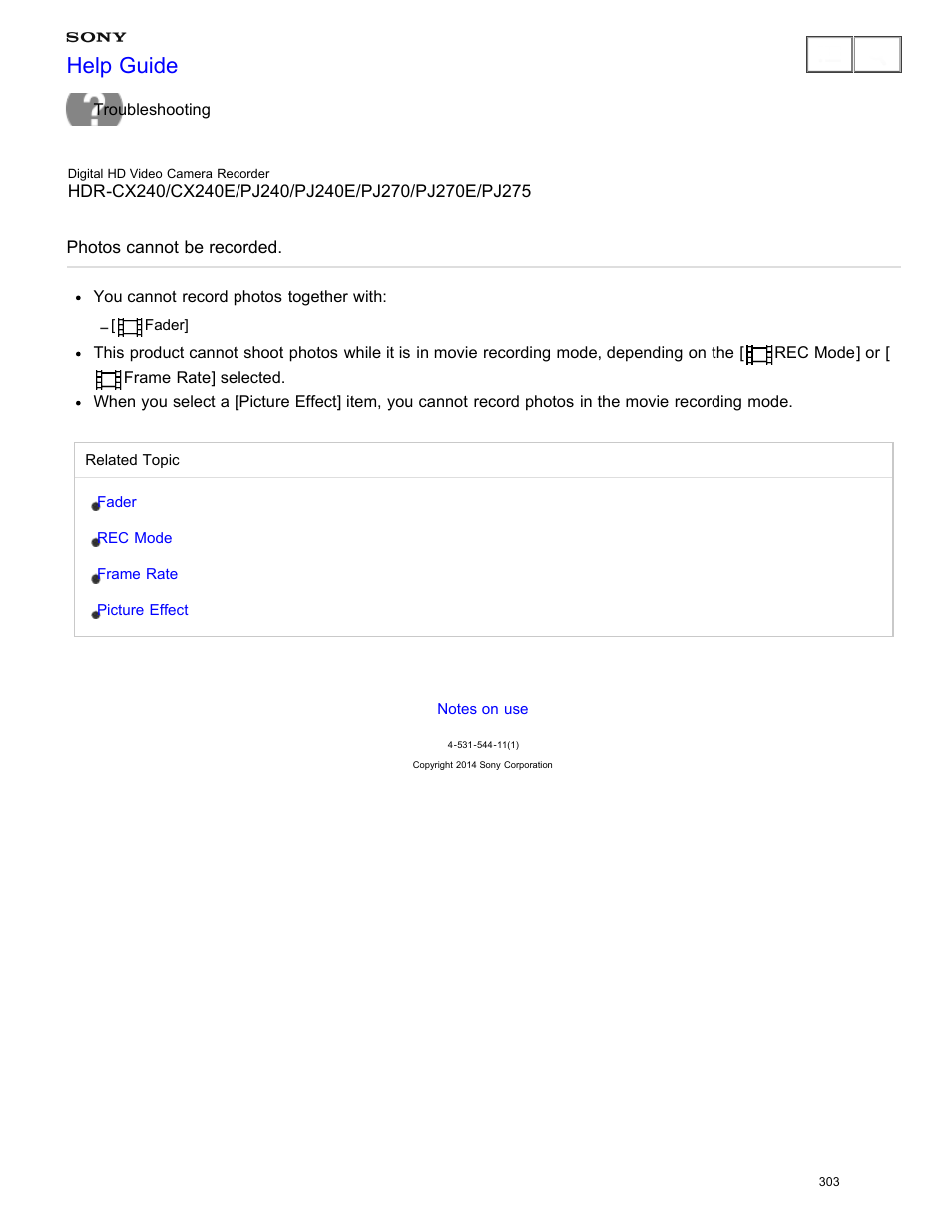 Photos cannot be recorded, Help guide | Sony HDR-CX240 User Manual | Page 313 / 351