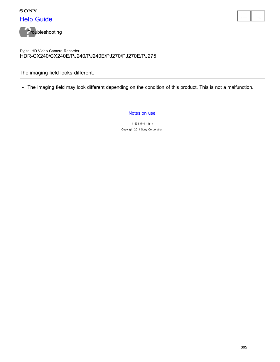 The imaging field looks different, Help guide | Sony HDR-CX240 User Manual | Page 315 / 351