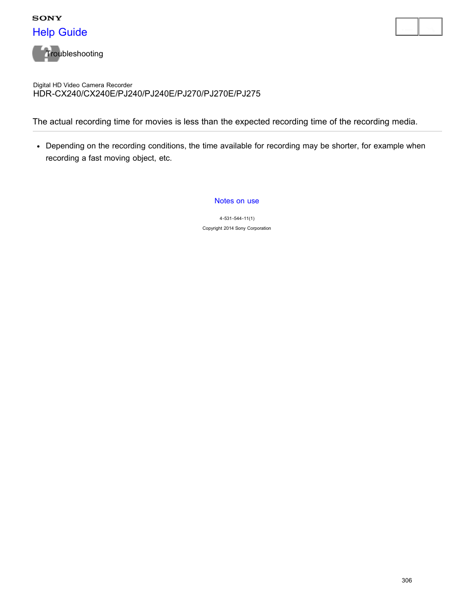 Expected recording time of the recording media, Help guide | Sony HDR-CX240 User Manual | Page 316 / 351