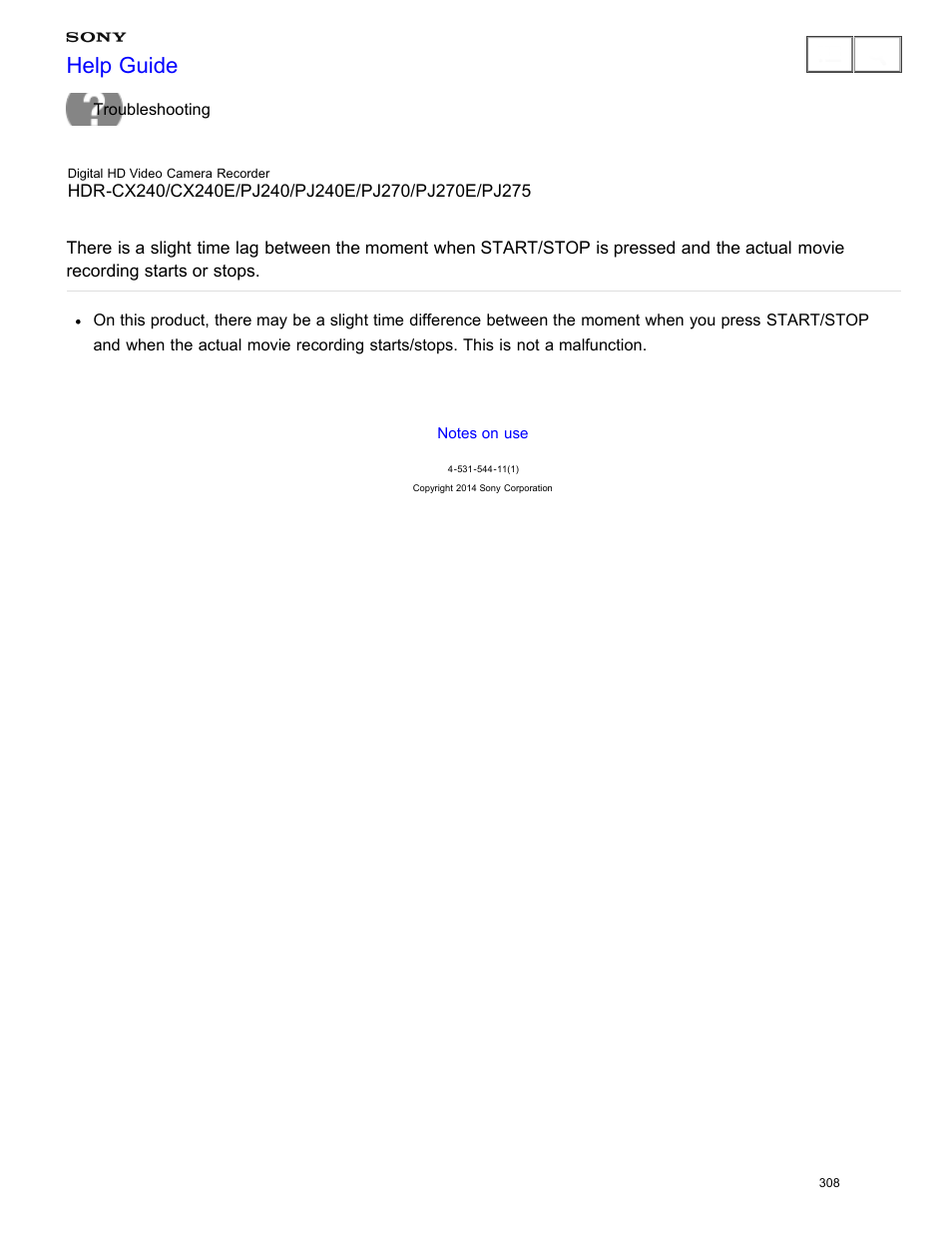 There is a slight time lag between the moment when, Starts or stops, Help guide | Sony HDR-CX240 User Manual | Page 318 / 351