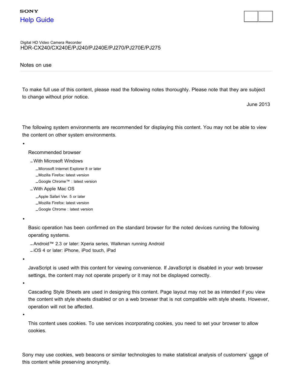 Notes on use, Help guide | Sony HDR-CX240 User Manual | Page 32 / 351