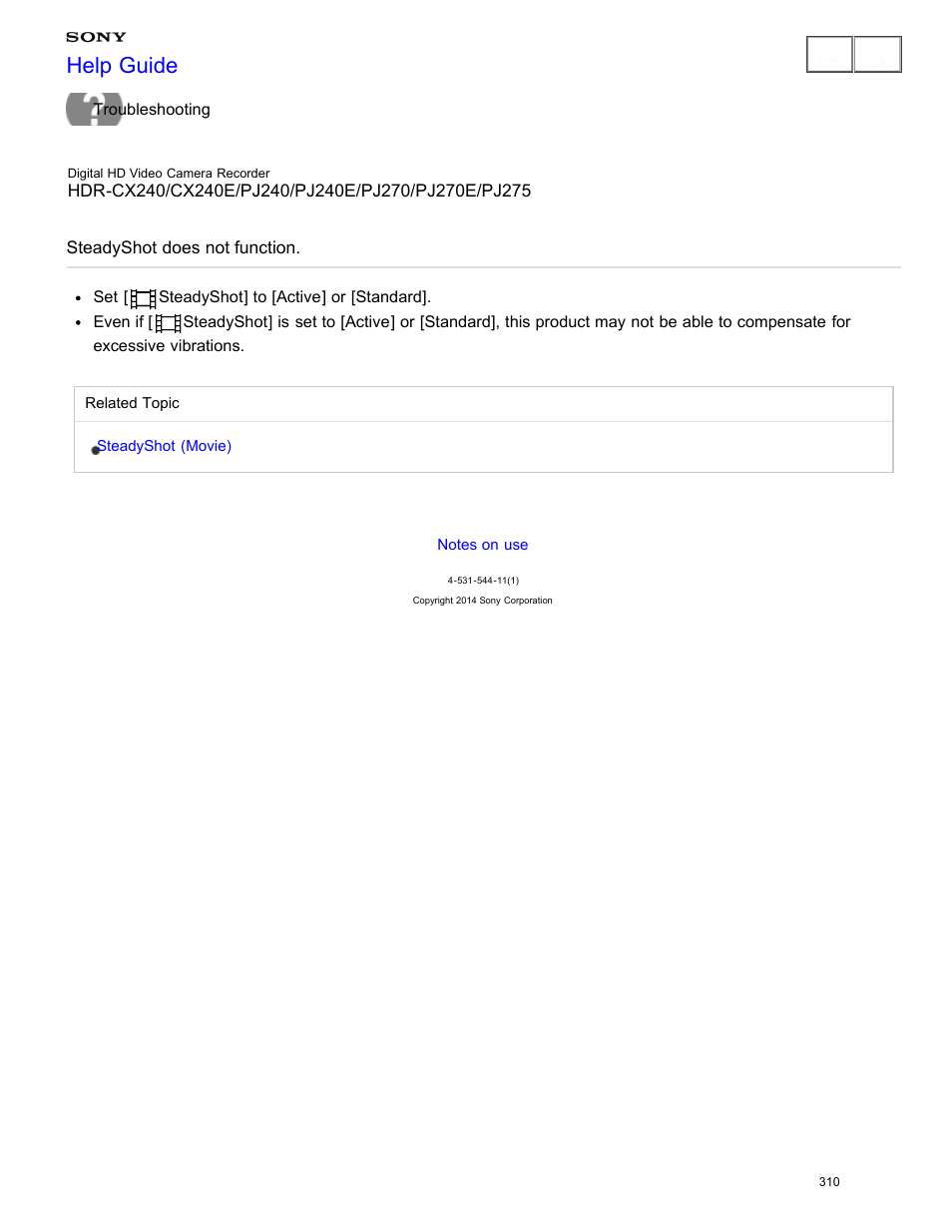 Steadyshot does not function, Help guide | Sony HDR-CX240 User Manual | Page 320 / 351