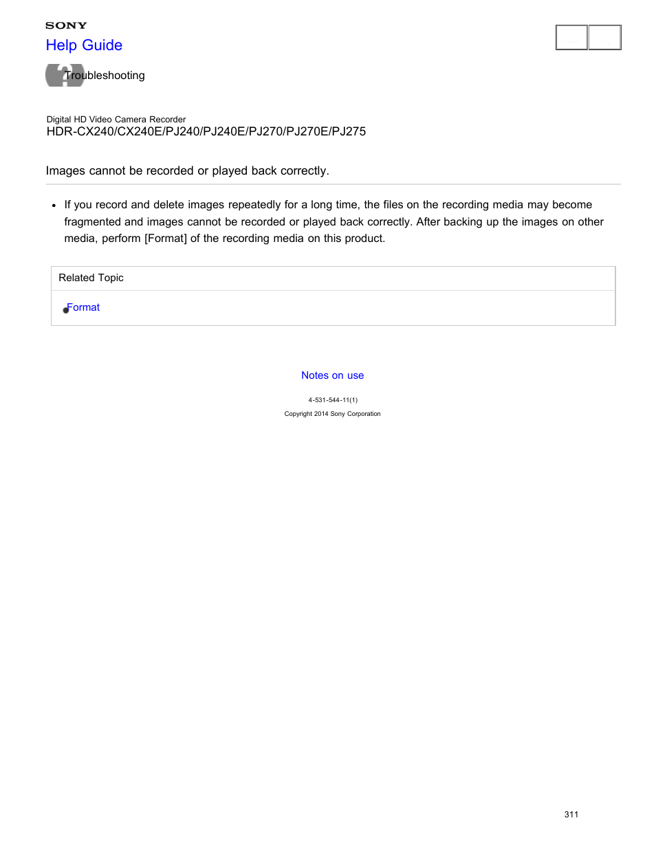 Images cannot be recorded or played back correctly, Help guide | Sony HDR-CX240 User Manual | Page 321 / 351