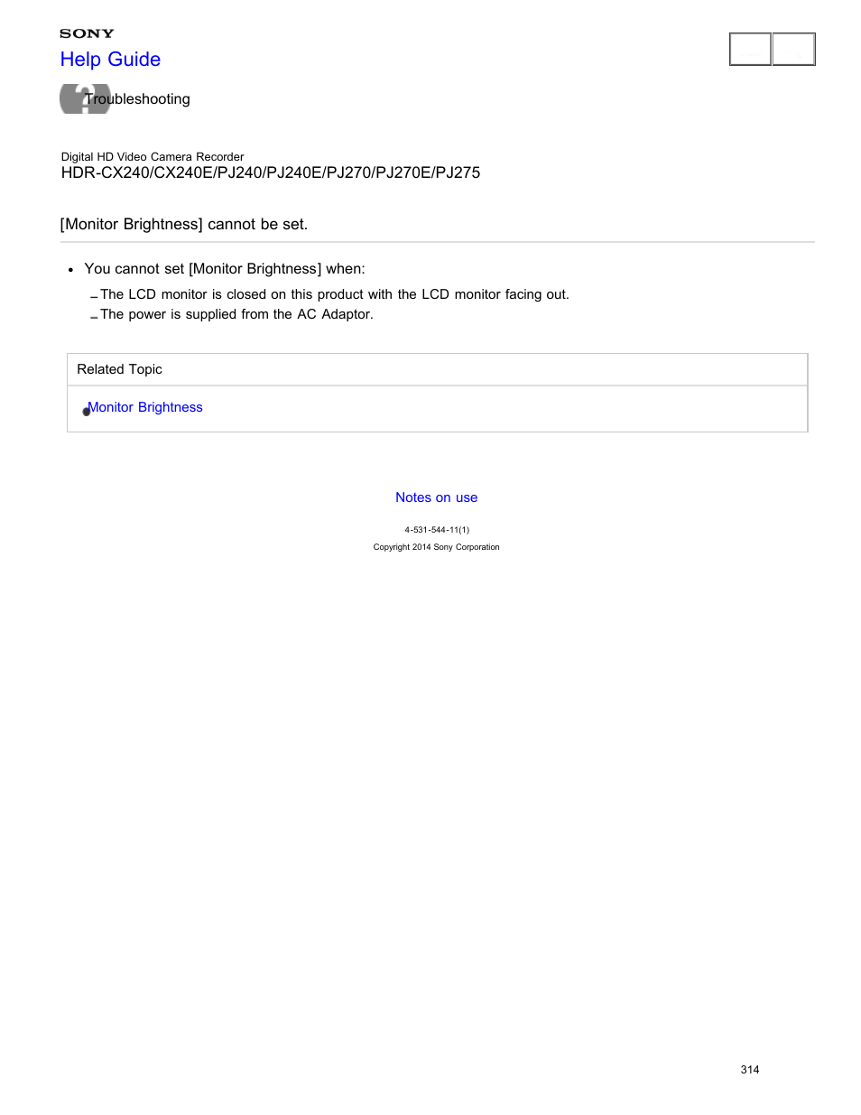 Monitor brightness] cannot be set, Help guide | Sony HDR-CX240 User Manual | Page 324 / 351