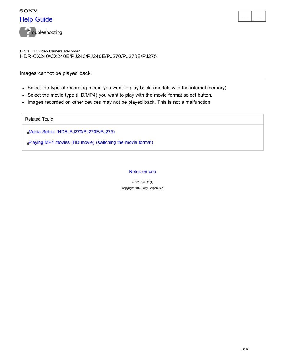 Images cannot be played back, Help guide | Sony HDR-CX240 User Manual | Page 326 / 351