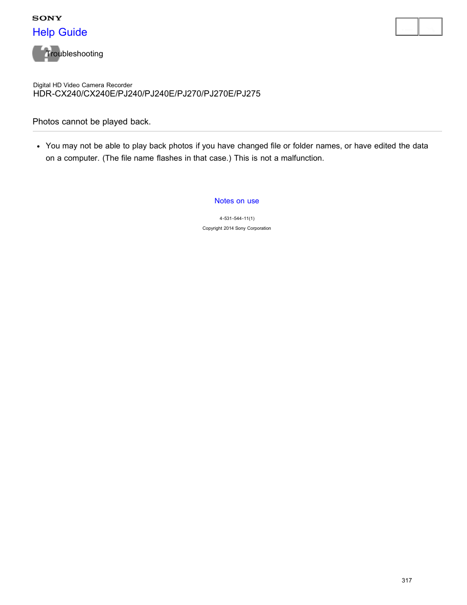 Photos cannot be played back, Help guide | Sony HDR-CX240 User Manual | Page 327 / 351
