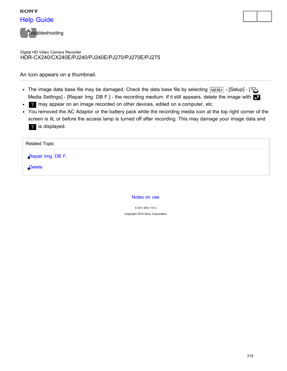 An icon appears on a thumbnail, Help guide | Sony HDR-CX240 User Manual | Page 329 / 351