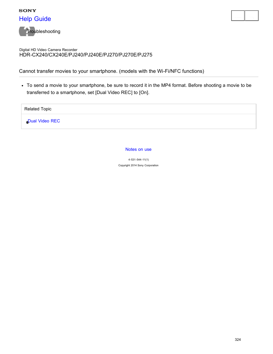 Cannot transfer movies to your smartphone, Help guide | Sony HDR-CX240 User Manual | Page 334 / 351